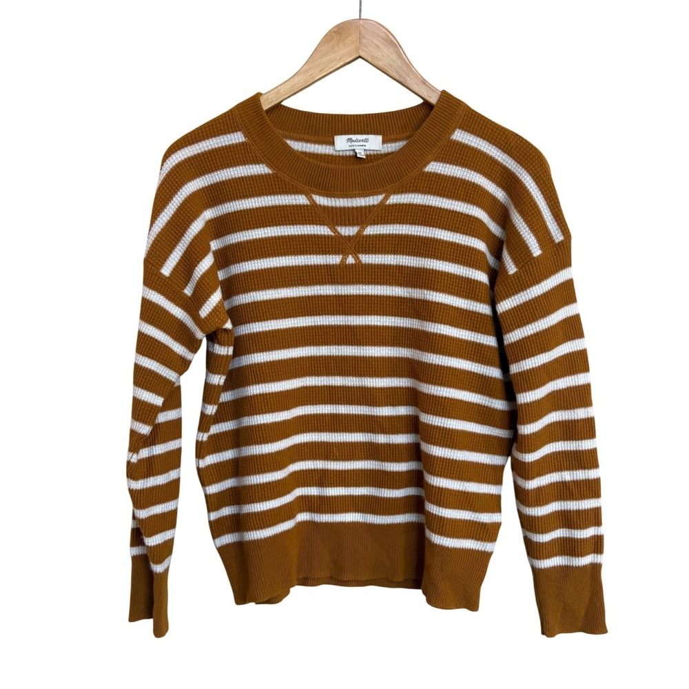 Madewell 100% Cashmere Striped Waffle Knit Sweater Brown White Crewneck Size XS